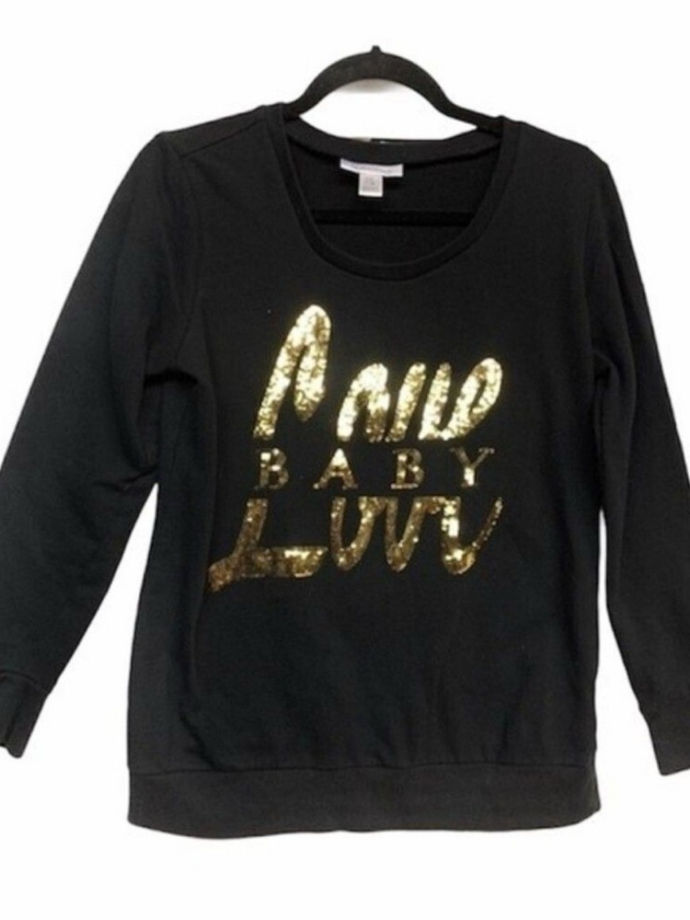 Motherhood Black Sweatshirt with Gold Sequin 'Baby Love' Graphic
